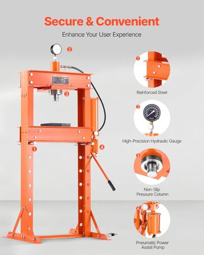 VEVOR Hydraulic Shop Press, 30 T H-Frame Pneumatic Shop Press with Press Plate & Triangular Support, Stable Garage Floor Adjustable Hydraulic Press with Relief Valve, Fit for Bending & Straightening - size: 30T