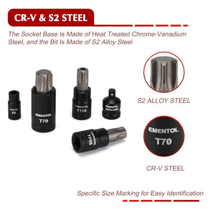 EMENTOL Master Torx Bit Socket and External Torx Socket Set, 1/4" 3/8" 1/2" Drive, 67PCS, T6-T70, TT6-TT70, TP8-TP60, E4-E24, Includes Socket Adapters, Drill Adapters, CR-V Steel - size: 67-piece Torx Bit & E Socket Set and Parts