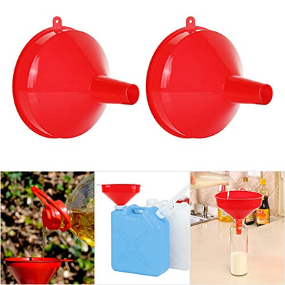 10 Pcs Red Plastic Funnel Set, 6.3 in Wide Mouth Fuel Funnels | PP Plastic, 0.6 in Wide Spout, 5.5 in Tall Body, Hang-Tab Rim, and Nesting Design for Oil, Gas, Coolant, and Dry Goods