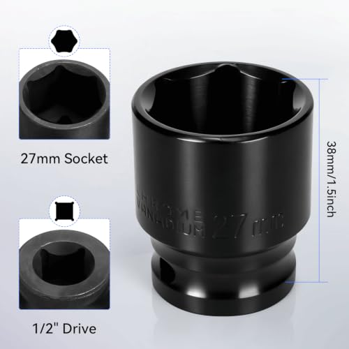 2PCS 27mm Impact Socket 1/2" Drive, 6 Point Metric Shallow Socket, CR-V Steel Heavy Duty Impact Wrench Socket for Automotive Repair - size: 27mm
