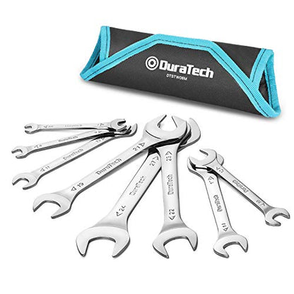 DURATECH Super-Thin Open End Wrench Set, Metric, 8-Piece, Including 5.5, 7, 8, 9, 10, 11, 12, 13, 14, 17, 19, 21, 22, 23, 24, 27 mm, Slim Spanner Set with Rolling Pouch - color: Silver, size: Metric