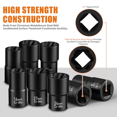 GIREORAN Wheel Lock Removal Kit, 10 Piece Lug Nut Remover, 1/2-Inch-Drive Impact Easy Out Bolt Extractor Socket Set for Removing Damaged, Frozen, Rusted, Rounded-Off Bolts, Nuts & Screws - size: 10 Piece