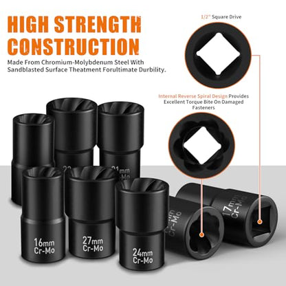 GIREORAN Wheel Lock Removal Kit, 10 Piece Lug Nut Remover, 1/2-Inch-Drive Impact Easy Out Bolt Extractor Socket Set for Removing Damaged, Frozen, Rusted, Rounded-Off Bolts, Nuts & Screws - size: 10 Piece
