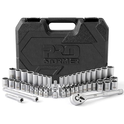 Prostormer Drive Socket Wrench Set, 46-Piece 3/8'' Ratcheting Wrench Set | with 72 Tooth Ratchet, Universal Joint, Extension Bars for Home and Automotive Repair