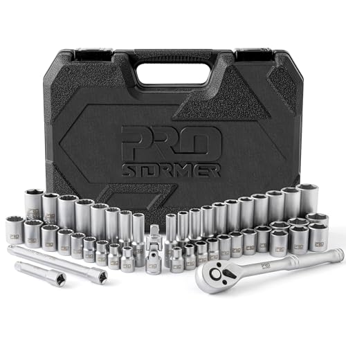 Prostormer Drive Socket Wrench Set, 46-Piece 3/8'' Ratcheting Wrench Set | with 72 Tooth Ratchet, Universal Joint, Extension Bars for Home and Automotive Repair