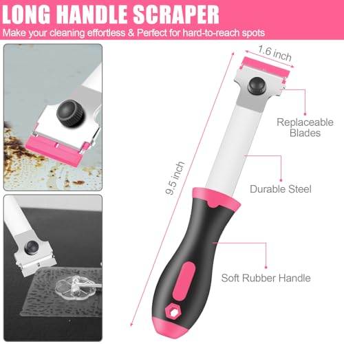 NECAMOCU 4 Pack Razor Blade Scraper, Includes 50 PCS Metal & Plastic Blades | Premium Razor Scraper Tool for Glass, Window, Cooktop, Countertop Cleaning & Sticker, Decal, Paint Removal (Pink) - color: Pink