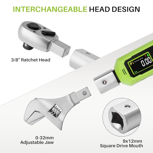 Adjustable Open End Digital Torque Wrench 3/8" Drive 0.66-44.2Ft.Lb | Interchangeable Electronic Torque Wrench (0.9-60N.m),32 mm 2% Accuracy for HVAC Automotive Moto Narrow Pipeline,Prec. Parts