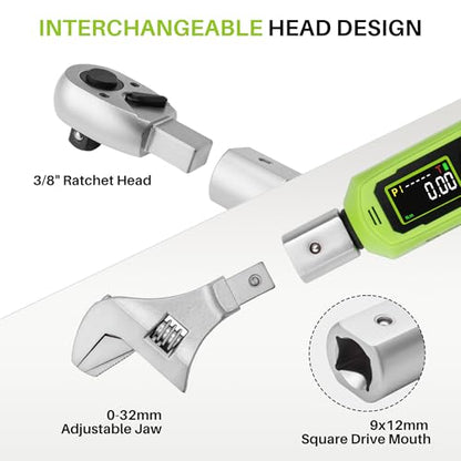 Adjustable Open End Digital Torque Wrench 3/8" Drive 0.66-44.2Ft.Lb | Interchangeable Electronic Torque Wrench (0.9-60N.m),32 mm 2% Accuracy for HVAC Automotive Moto Narrow Pipeline,Prec. Parts
