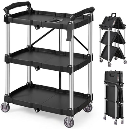 VEVOR Foldable Utility Service Cart, 165LBS 3 Shelf Heavy Duty Plastic Rolling Cart with 360° Swivel Wheels (2 with Brakes), Ergonomic Handle, Portable Garage Tool Cart for Warehouse Office Home - size: 25.62 x15.43 x32.76 inch