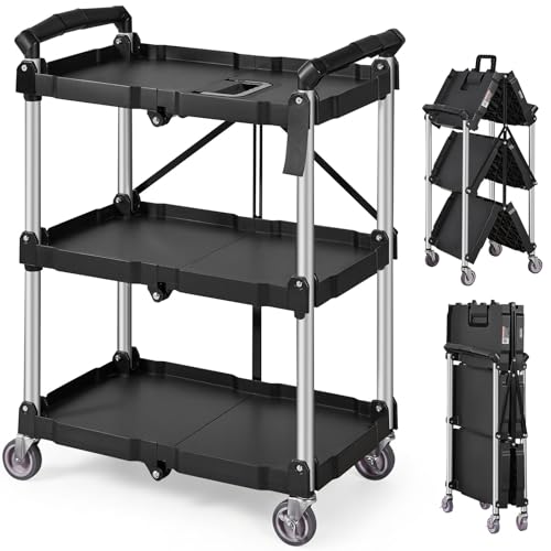VEVOR Foldable Utility Service Cart, 165LBS 3 Shelf Heavy Duty Plastic Rolling Cart with 360° Swivel Wheels (2 with Brakes), Ergonomic Handle, Portable Garage Tool Cart for Warehouse Office Home - size: 25.62 x15.43 x32.76 inch