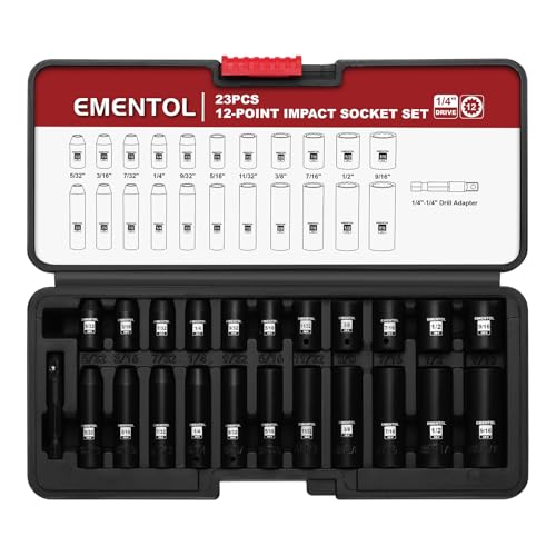 EMENTOL 1/4" Drive Impact Socket Set, 23 Pieces Deep & Shallow Socket Set, SAE 5/32"-9/16", 12 Point CR-V, Includes Drill Bit Adapter - size: 1/4" Drive (5/32"-9/16")
