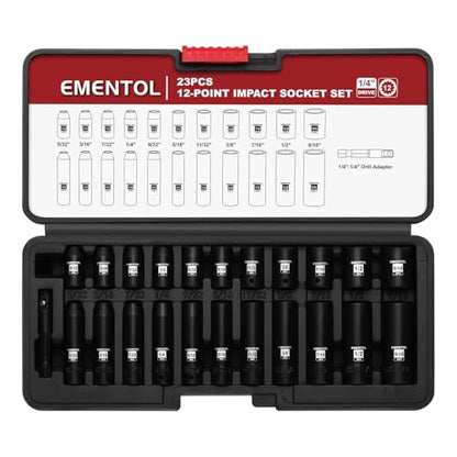 EMENTOL 1/4" Drive Impact Socket Set, 23 Pieces Deep & Shallow Socket Set, SAE 5/32"-9/16", 12 Point CR-V, Includes Drill Bit Adapter - size: 1/4" Drive (5/32"-9/16")