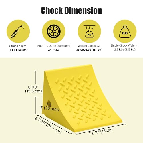 Yescom PU Wheel Chocks for Wheel 24" - 32" with 5ft Rope, 33,000 lbs Heavy | Duty Capacity, Lightweight Car Chocks for Travel Trailers, RV, SUV, Truck, Camper - Anti-Slip Tread, Easy to Use & Odorless - size: for Wheel 24" - 32", 2Pack