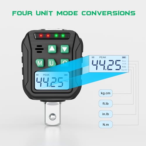 1/2-Inch Digital Torque Adapter, 2.21-44.25 Ft.lb/3-60 N.m, Electronic Torque Wrench Converter with ±2% Accuracy, Preset Function, Data Storage, 3/8” & 1/4” Adapter for Bike, Motorcycle, Car - size: 2.2-44.3 Ft-lb/3-60 Nm