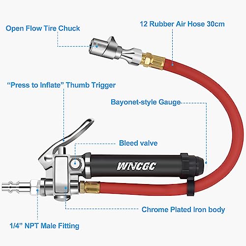 10-120 PSI Tire Inflator Gauge with Lock on Air Chuck and 12" Air Hose, Tire Air Pressure Gauge with Air Compressor Accessory for Car Truck Motorcycle Bike