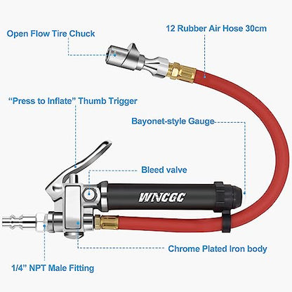 10-120 PSI Tire Inflator Gauge with Lock on Air Chuck and 12" Air Hose, Tire Air Pressure Gauge with Air Compressor Accessory for Car Truck Motorcycle Bike