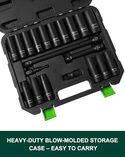 1/2"Drive Deep Impact Socket Set,20 Piece 1/2 Inch Impact Socket Set Metric 8mm-24mm CR-V Steel, 6 Point Design, Includes Extension Bars, Hex Shank Adapter, Reducer, Meets ANSI Standards - style: SS-D12-20PC