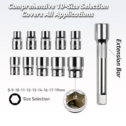 3/8" Drive Socket Set, 12-Piece Ratchet Set with 10 Metric Sockets 8-19mm, 24-Tooth Quick-Release Ratchet Handle & 6" Extension Bar, CR-V Steel with Storage Case for Automotive & Home Repairs & DIY - size: 3/8" Drive