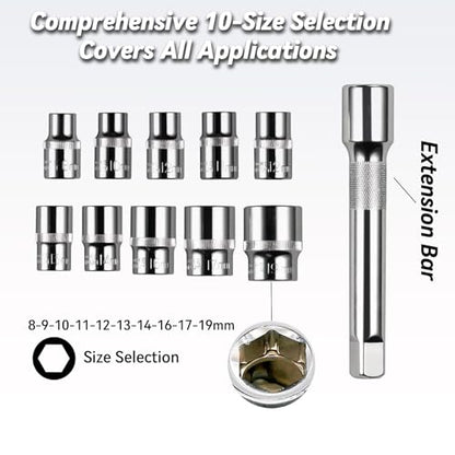 3/8" Drive Socket Set, 12-Piece Ratchet Set with 10 Metric Sockets 8-19mm, 24-Tooth Quick-Release Ratchet Handle & 6" Extension Bar, CR-V Steel with Storage Case for Automotive & Home Repairs & DIY - size: 3/8" Drive