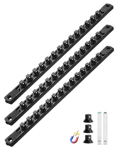 ALOANES Magnetic Socket Organizer Set, 3-Piece Heavy Duty Aluminum Socket Rails, 360° Swivel Clips Socket Rail Kit for Tool Tray Drawer Fit 3/8-Inch x 42 Clips (Black, 3PC) - color: Black, size: 3PC, 3/8-Inch Drive