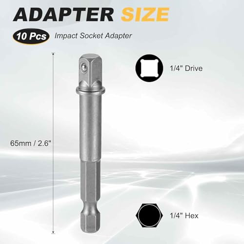 HARFINGTON 10pcs Impact Socket Adapter 1/4" Square Drive 1/4" Hex Shank 2.6" Long Extension Bit for Axle Nut Driver Drill Socket Sets - size: 1/4" x 2.6"