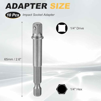 HARFINGTON 10pcs Impact Socket Adapter 1/4" Square Drive 1/4" Hex Shank 2.6" Long Extension Bit for Axle Nut Driver Drill Socket Sets - size: 1/4" x 2.6"