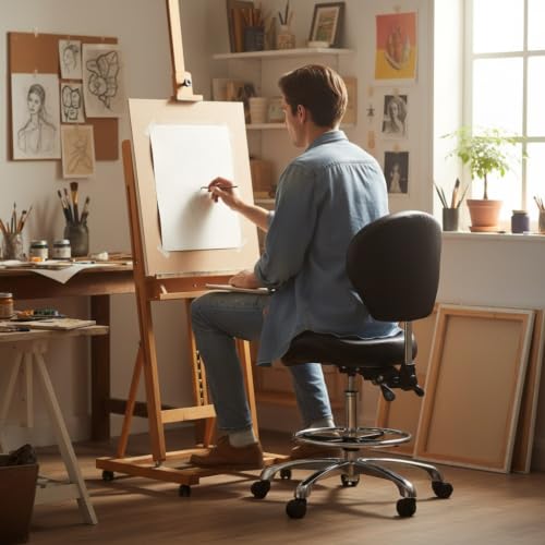 Kaleurrier Office Drafting Chairs with Backs,Adjustable Height | Ergonomic,Heavy Duty Drafting Stool with Wheels,for Art Studio Standing Desk Kitchen Garage Shop Office Dental Hair Salon - color: Black