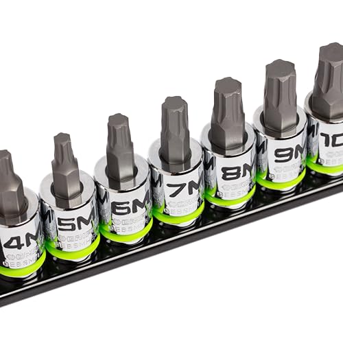 GRIPEDGE HEX Bit Socket Set | 7-PC - 3/8'' Drive Short Metric RPT Hex Driver Set | Sizes 4MM - 10MM | Made With S2 Steel | Includes Premium Aluminum Storage Rail |