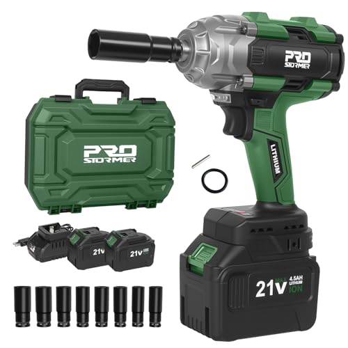 Prostormer 800N.m(590Ft-lbs) Cordless Impact Wrench, 1/2" Brushless High Torque Impact Gun Kit for Car Home, 2x4.5Ah Rechargable Batteries, Charger & 8 Sockets