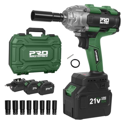 Prostormer 800N.m(590Ft-lbs) Cordless Impact Wrench, 1/2" Brushless High Torque Impact Gun Kit for Car Home, 2x4.5Ah Rechargable Batteries, Charger & 8 Sockets
