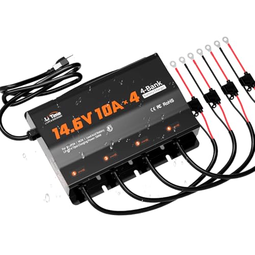 LiTime 4-Bank 10A (10A/Bank) Smart Battery Charger, 14.6V LiFePO4 Battery Charger AC-DC Charger with Fuse, LED Indicator for RV, Boat, Motorcycle, Lawn Mower, Trolling Motor and Lead Acid Battery