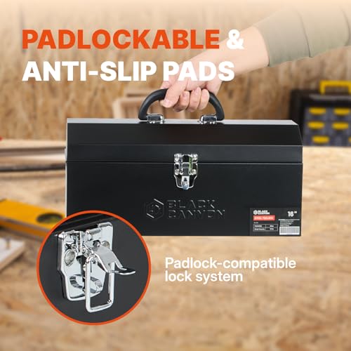 Black Canyon 16 Inch Tool Box, Metal Tool Box, 0.8mm Carbon Steel, Portable&Padlockable, 4 Non-Slip Foot Pads, Ideal for Trailer, Mechanic, DIY-ers, Car Toolbox, Workshops, Garages, Repair Shops - size: 16 IN/STL