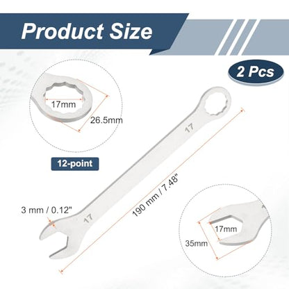 HARFINGTON 2Pcs Super Thin Combination Wrench 17mm Metric 12-Point Box and Open End Stainless Steel Double Ended Spanner Tool for Automotive Pipe Furniture Machinery DIY Repair, Silver - size: 17mm