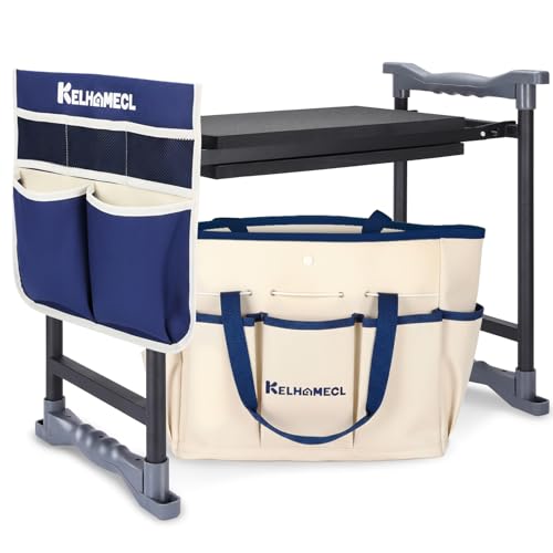 Garden Kneeler and Seat, Extra Wide Thick EVA Pad, Heavy Duty Foldable Garden Bench Holds 350lbs, Ergonomic Kneeling Stool with Garden Tool Pouches, Gardening Gifts for Women, Men & Seniors - color: Beige & Blue