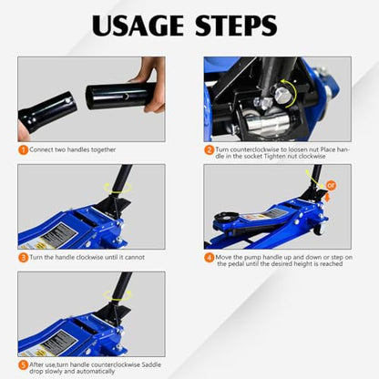 3 Ton Low Profile Floor Jack, Heavy Duty Hydraulic Car Jack with Dual Pistons Quick Lift Pump, Aluminum and Steel Racing Service Jack for Sedans SUV Trucks, 3.1" to 20" Lifting Range, Blue