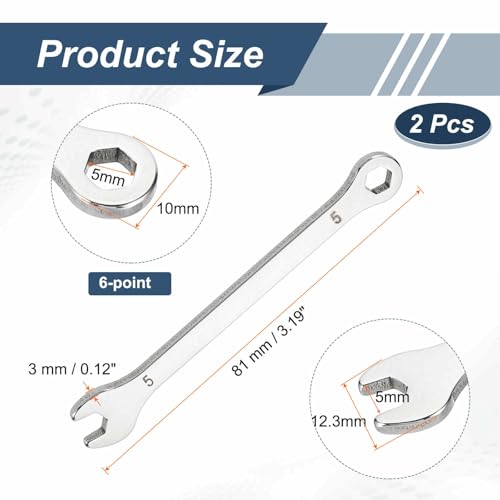 HARFINGTON 2Pcs Mini Super Thin Combination Wrench 5mm Metric 6-Point Box and Open End Stainless Steel Double Ended Spanner Tool for Automotive Pipe Furniture Machinery DIY Repair, Silver - size: 5mm