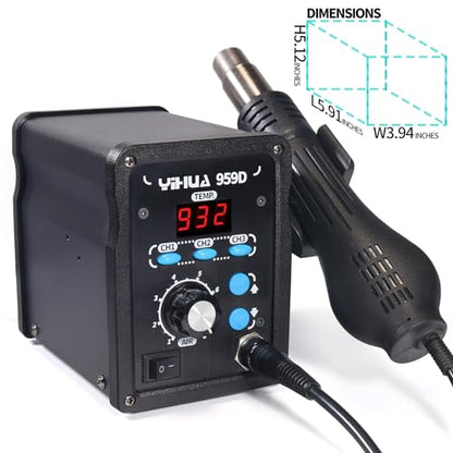 YIHUA 959D-Digital Hot Air Rework Station, High Power with 3 Memories, Airflow Efficiency, °F /°C Display, Accurate Temp.(212°F~932°F), Brushed Aluminum Panel & Safety Features