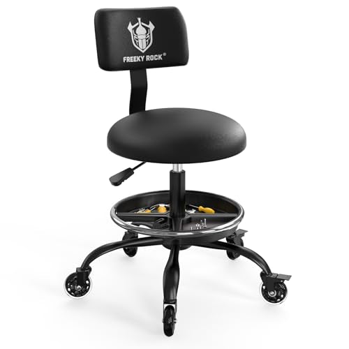 Rolling Shop Stool with Wheels, Garage Mechanic Stool Chair with Backrest, Height Adjustable Heavy Duty Swivel Task Chair, Adjustable Footrest with Storage Tray for Garage Kitchen Salon Tattoo (Black) - color: Black