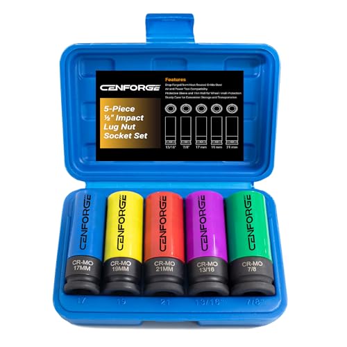 1/2" Drive Lug Nut Socket Set, Metric 17 19 21 mm & SAE 13/16 7/8 in. Wheel Socket Set, 5-PC Impact Lug Nut Socket Set, Thin Wall Lug Nut Socket with Colored Protective Covers - size: 13/16 in., 7/8 in., 17 mm, 19 mm, 21 mm