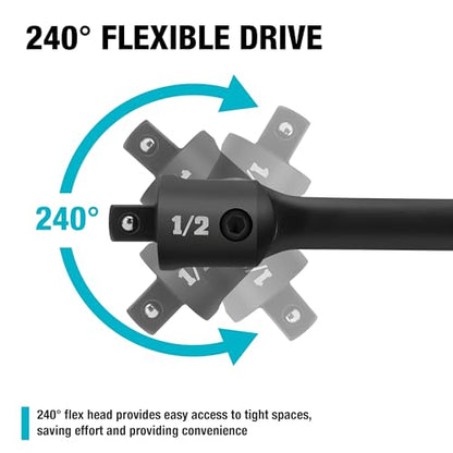 DURATECH Breaker Bar, 1/2'' Drive 24-Inch Breaker Bars Heavy Duty, with 240° Flex Head, Spring-loaded Detent Ball, CR-MO Head, Premium Black Phosphate Finish - color: Black, size: 24 in