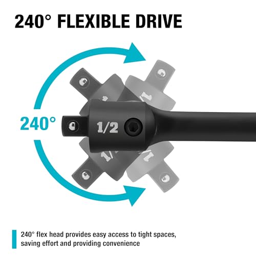DURATECH 1/2" Drive 24-Inch Heavy Duty Breaker Bar with 240° Flex Head | Spring-loaded Detent Ball, CR-MO Head, Premium Black Phosphate Finish, Ideal for Industrial, Construction, and Mechanic Tasks - color: Black, size: 24 in