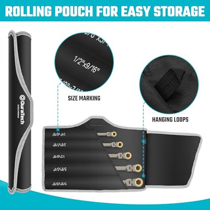 DURATECH Extra Long Anti-Slip Flex-Head Ratcheting Wrench Set, 5-Piece, SAE | Double Box End, 1/4" to 13/16", 72-Tooth, 5° Swing Arc, for Tight Spaces, CR-V Steel, Grey Nickel Plated, EVA Foam Organizer