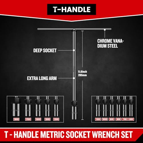 T-Handle Wrench Socket Set, 6-Point Cr-V Steel T Wrench Set Metric Size 6mm to 19mm, Lug Tool Socket with Long Reach for Motorcycle Bicycle Car Repair (11 Pack) - size: 11 Pack
