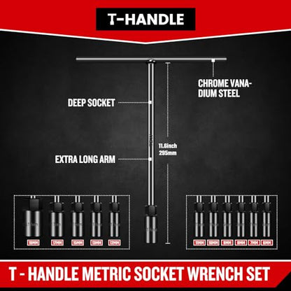 T-Handle Wrench Socket Set, 6-Point Cr-V Steel T Wrench Set Metric Size 6mm to 19mm, Lug Tool Socket with Long Reach for Motorcycle Bicycle Car Repair (11 Pack) - size: 11 Pack