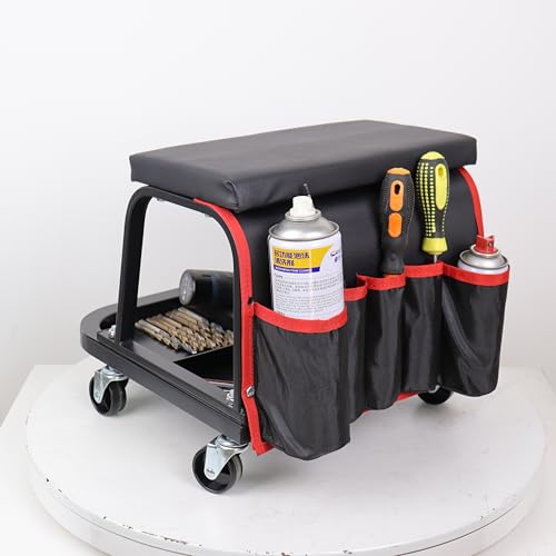 Rolling Mechanic Garage Stool on Wheels with Padded Cushion, Tool Tray Storage and Side Pockets, 300 LBS Capacity, Black - color: Black