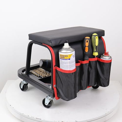 Rolling Mechanic Garage Stool on Wheels with Padded Cushion, Tool Tray Storage and Side Pockets, 300 LBS Capacity, Black - color: Black