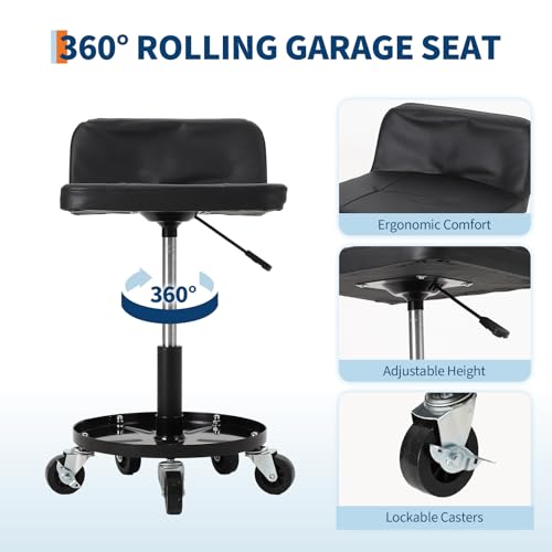 Rolling Mechanic Stool, 300 LBS Capacity, 18" to 22" Height Adjustable Shop Stool with Soft Cushion, Tool Tray & 3" 360° Lockable Swivel Wheels for Garage, Auto Repair, Workshop, ‌Heavy Duty, Black - size: Model 1