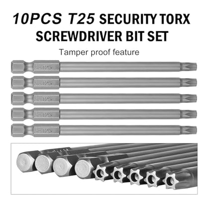 VESTTIO T25 Security Torx Bit Set, Tamper Proof Star Bits Set, Drill Bit Set, 10PCS, 1/4 inch Hex Shank, 4 Inch Length, S2 Alloy Steel, for Power Screwdriver Impact Driver, with Storage Case - size: T25/4 inch