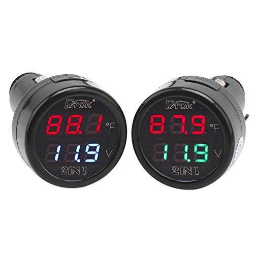 DROK Car Thermometer, 2pcs Digital Voltage 10-170 Deg F Temperature Monitor Tester Meter LED Display Volt Fahrenheit Temp Multimeter Car Automotive Motorcycle Battery Voltmeter Thermometer Detector - style: Standard 2PCS