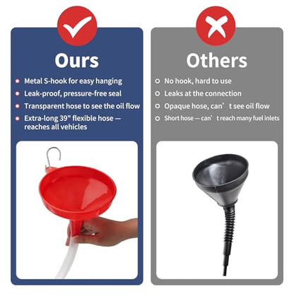 2-Pack Plastic Wide Mouth Funnels with 6.56 ft Clear Hoses & Hooks | Transmission Funnel Kit with cuttable 6.56 ft clear hoses, connectors and S-hooks, for oil, fuel, water and fluids